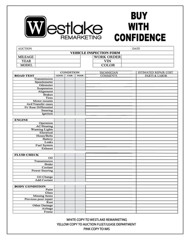 Westlake Remarketing Checklist 3-Part Form